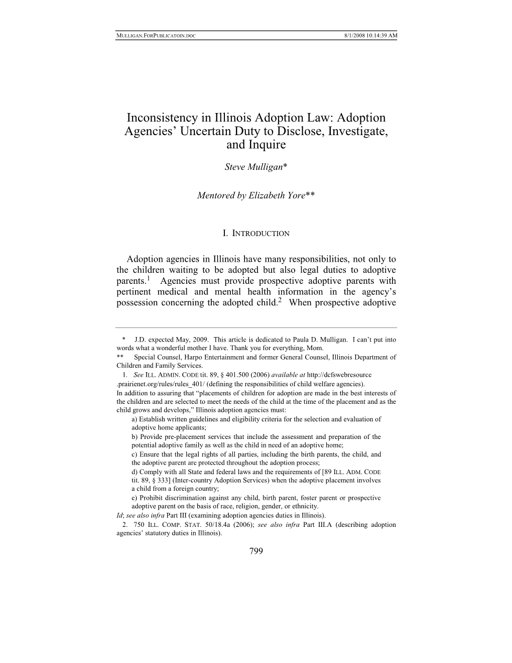 Inconsistency in Illinois Adoption Law: Adoption Agencies’ Uncertain Duty to Disclose, Investigate, and Inquire