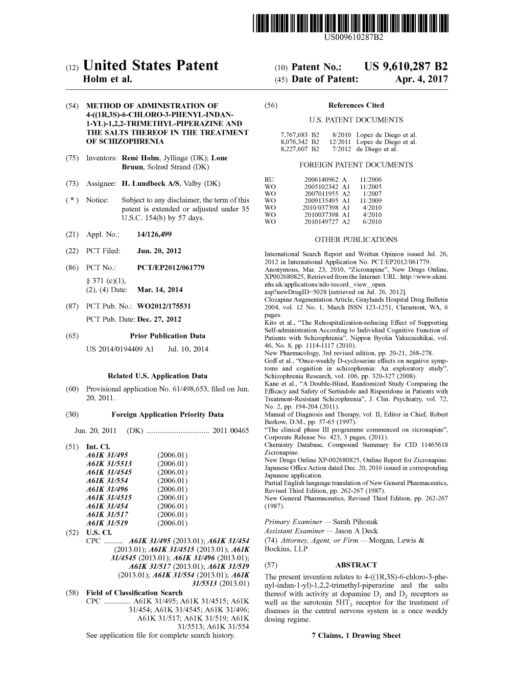 (12) United States Patent (10) Patent No.: US 9,610,287 B2 Holm Et Al