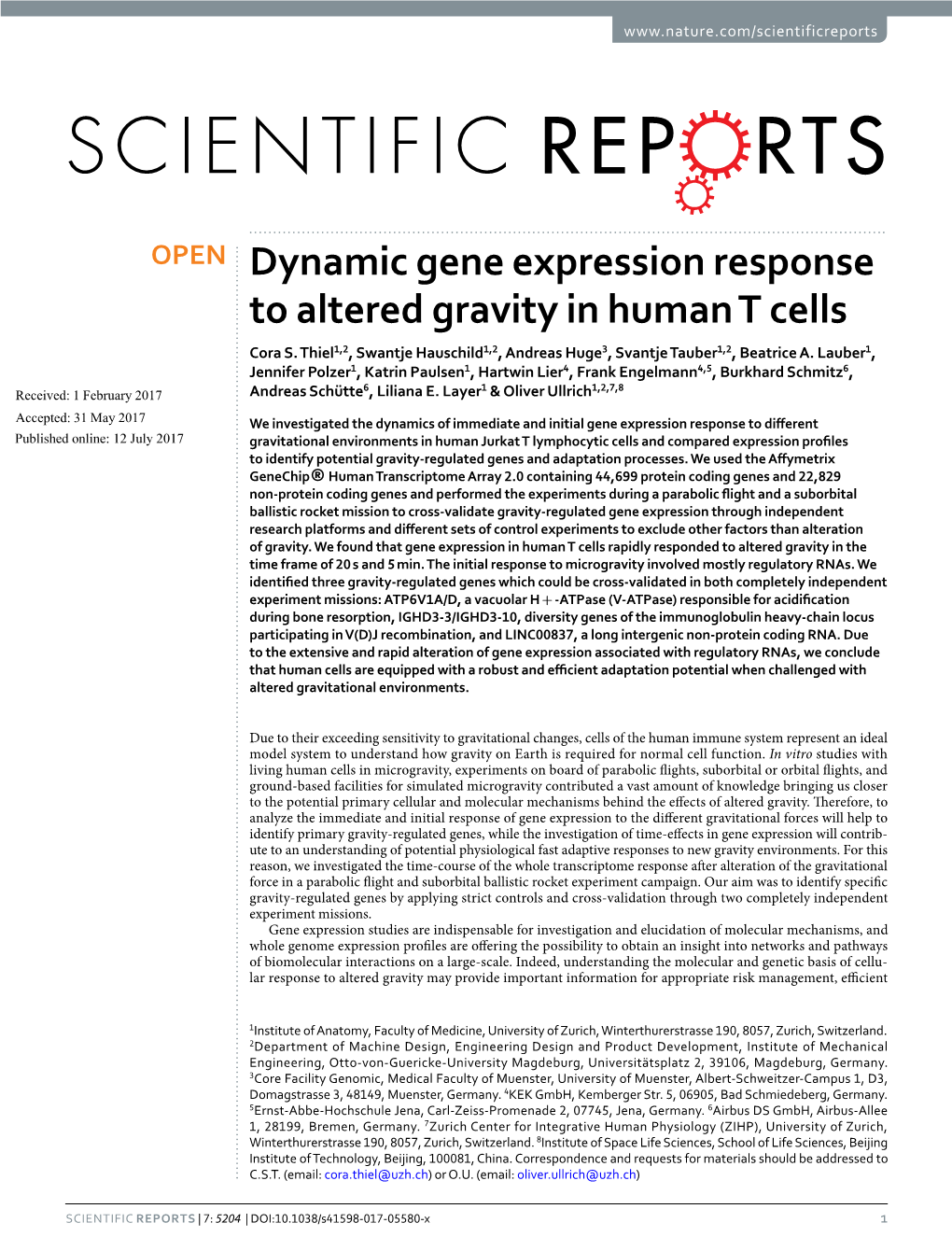 'Dynamic Gene Expression Response to Altered Gravity in Human