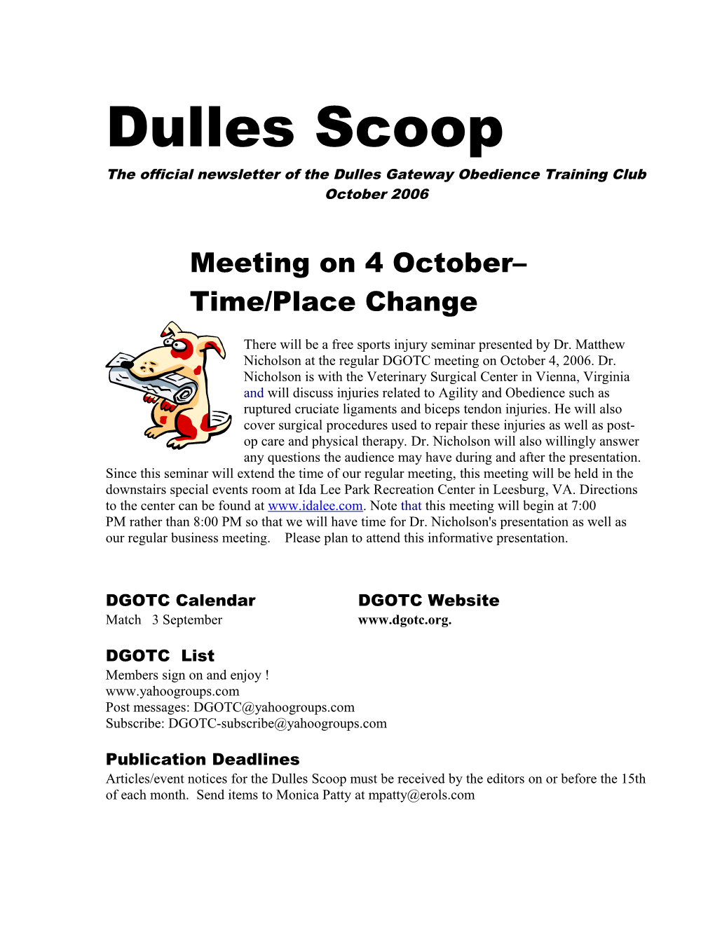 The Official Newsletter of the Dulles Gateway Obedience Training Club