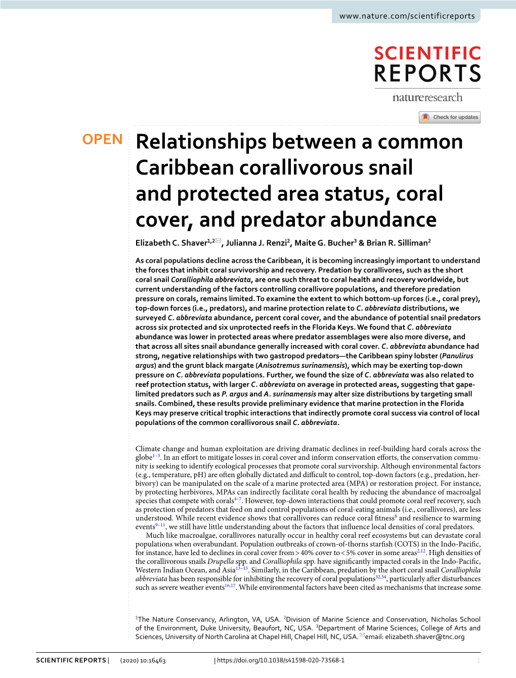 Relationships Between a Common Caribbean Corallivorous Snail and Protected Area Status, Coral Cover, and Predator Abundance Elizabeth C