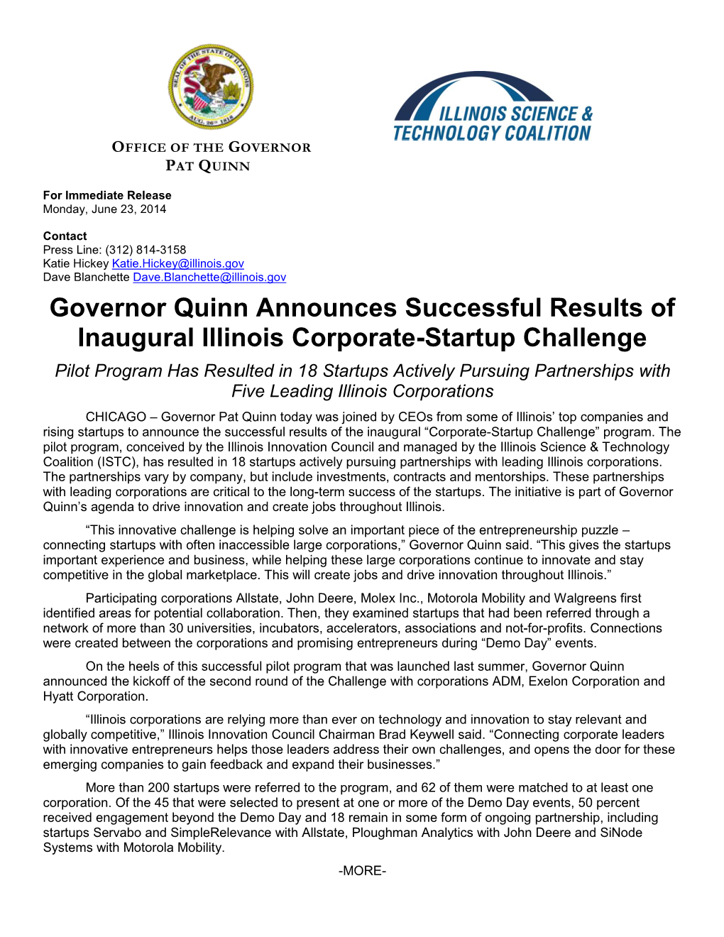 Governor Quinn Announces Successful Results of Inaugural