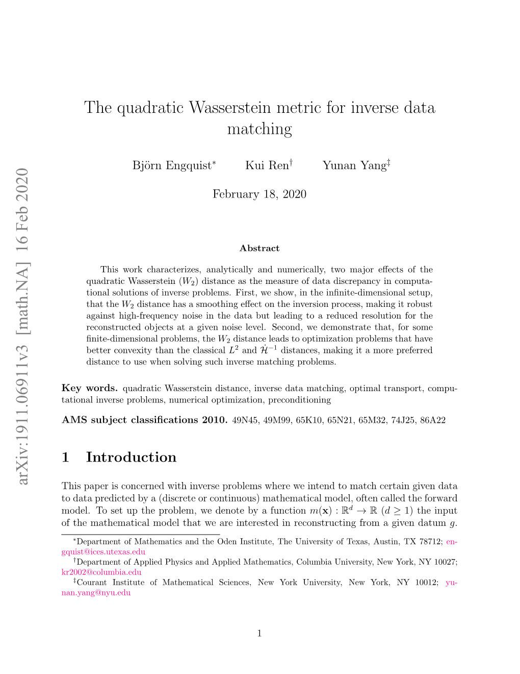 The Quadratic Wasserstein Metric for Inverse Data Matching