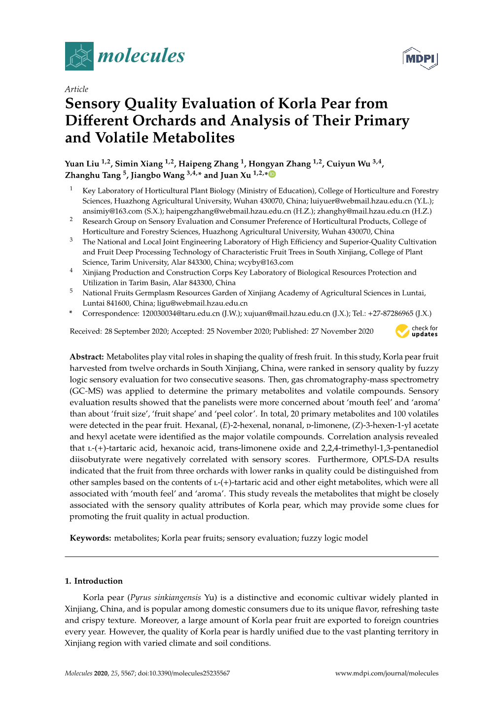 Sensory Quality Evaluation of Korla Pear from Different Orchards And