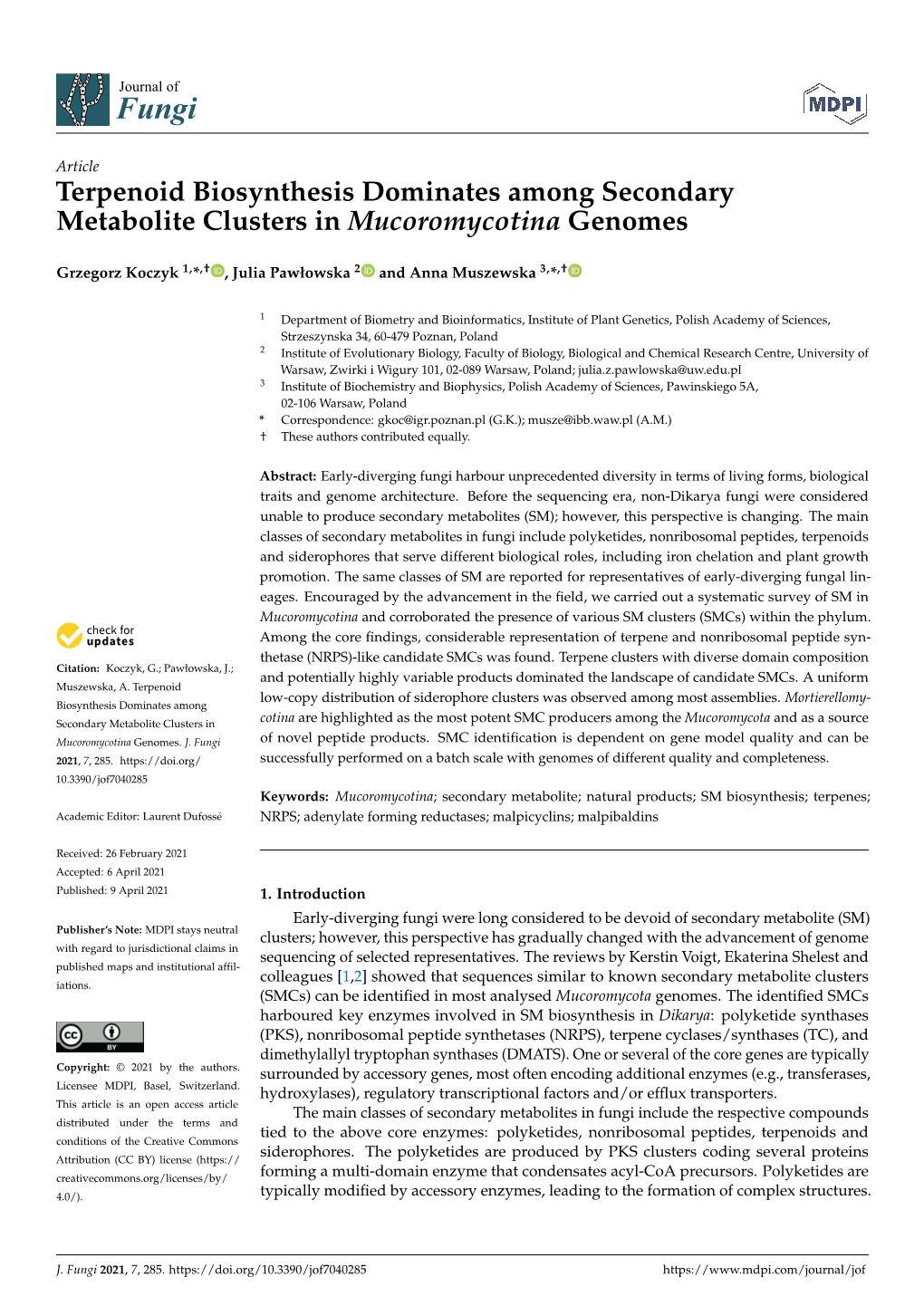 Terpenoid Biosynthesis Dominates Among Secondary Metabolite Clusters in Mucoromycotina Genomes