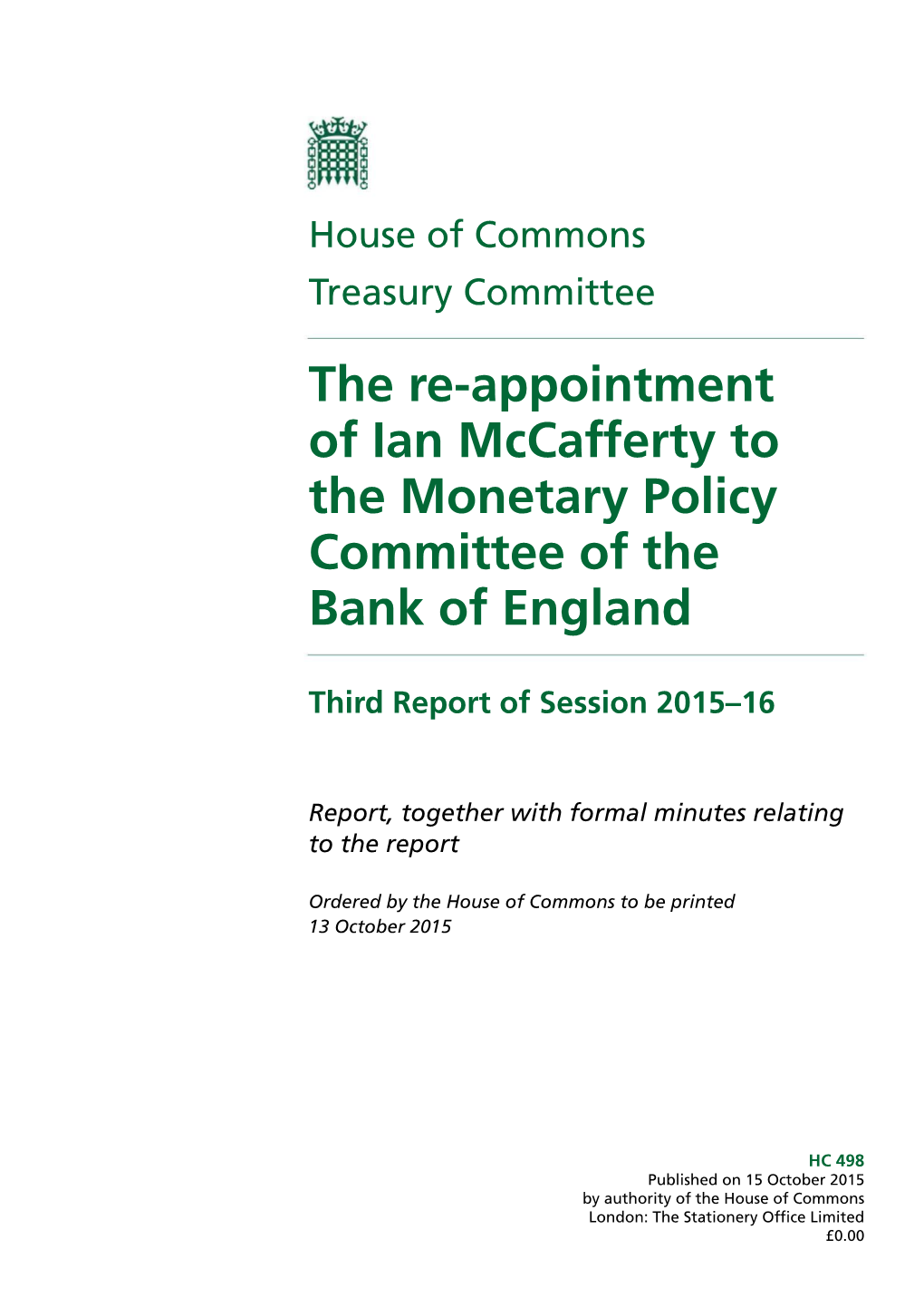 Appointment of Ian Mccafferty to the Monetary Policy Committee of the Bank of England