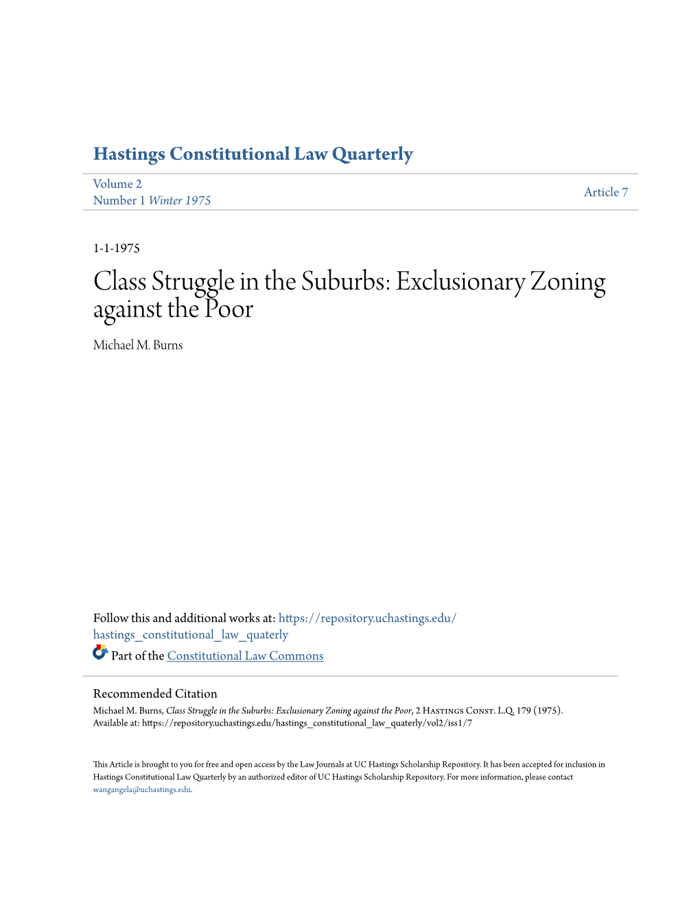 Class Struggle in the Suburbs: Exclusionary Zoning Against the Poor Michael M