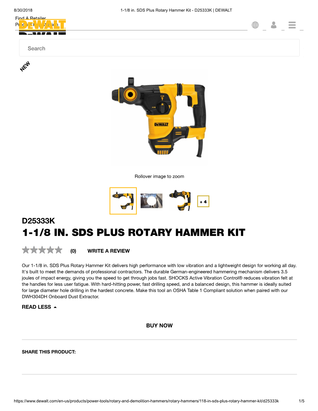 1-1/8 In. SDS Plus Rotary Hammer Kit - D25333K | DEWALT Find a Retailer Product Registration C N M
