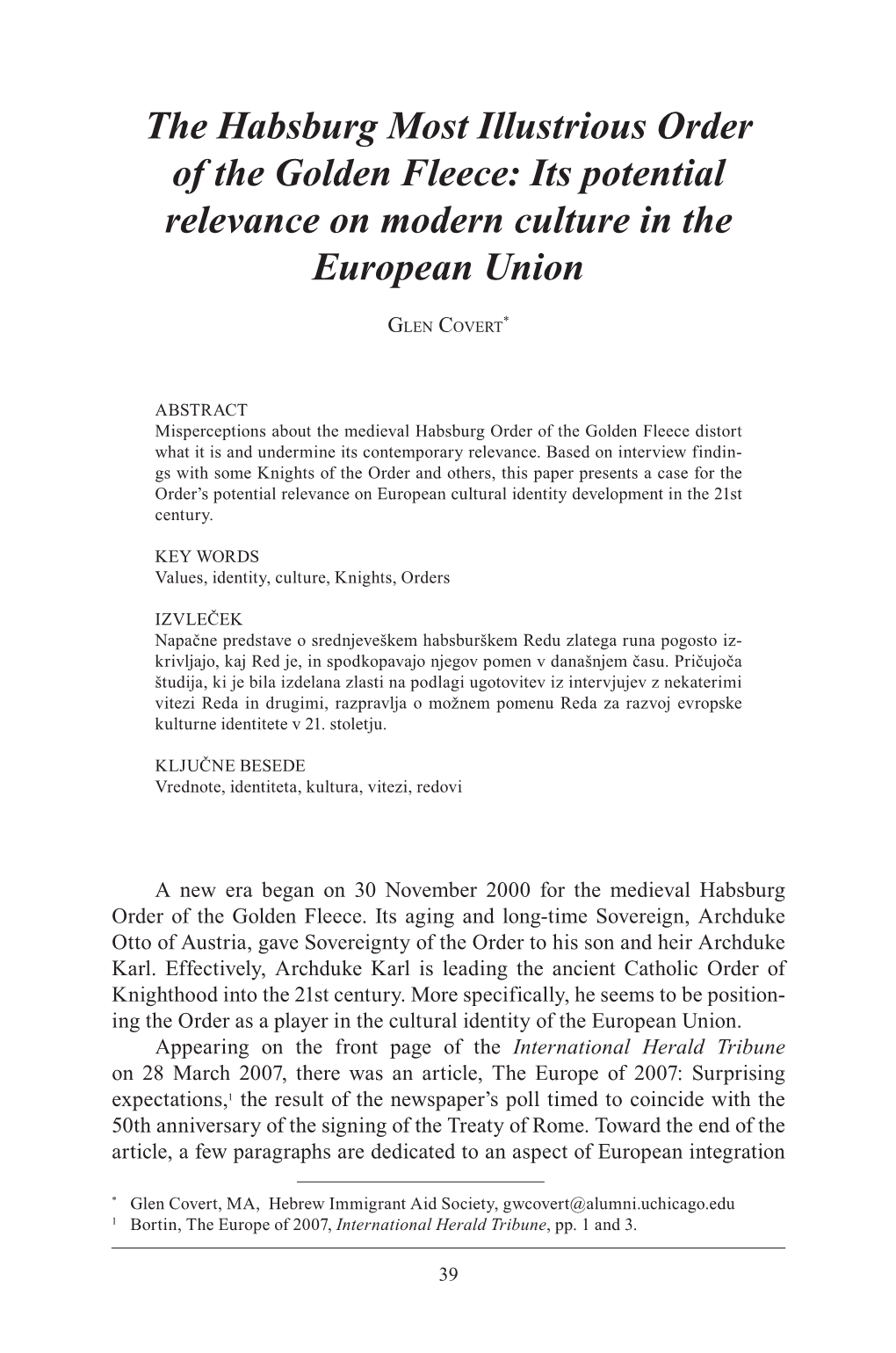 The Habsburg Most Illustrious Order of the Golden Fleece: Its Potential Relevance on Modern Culture in the European Union