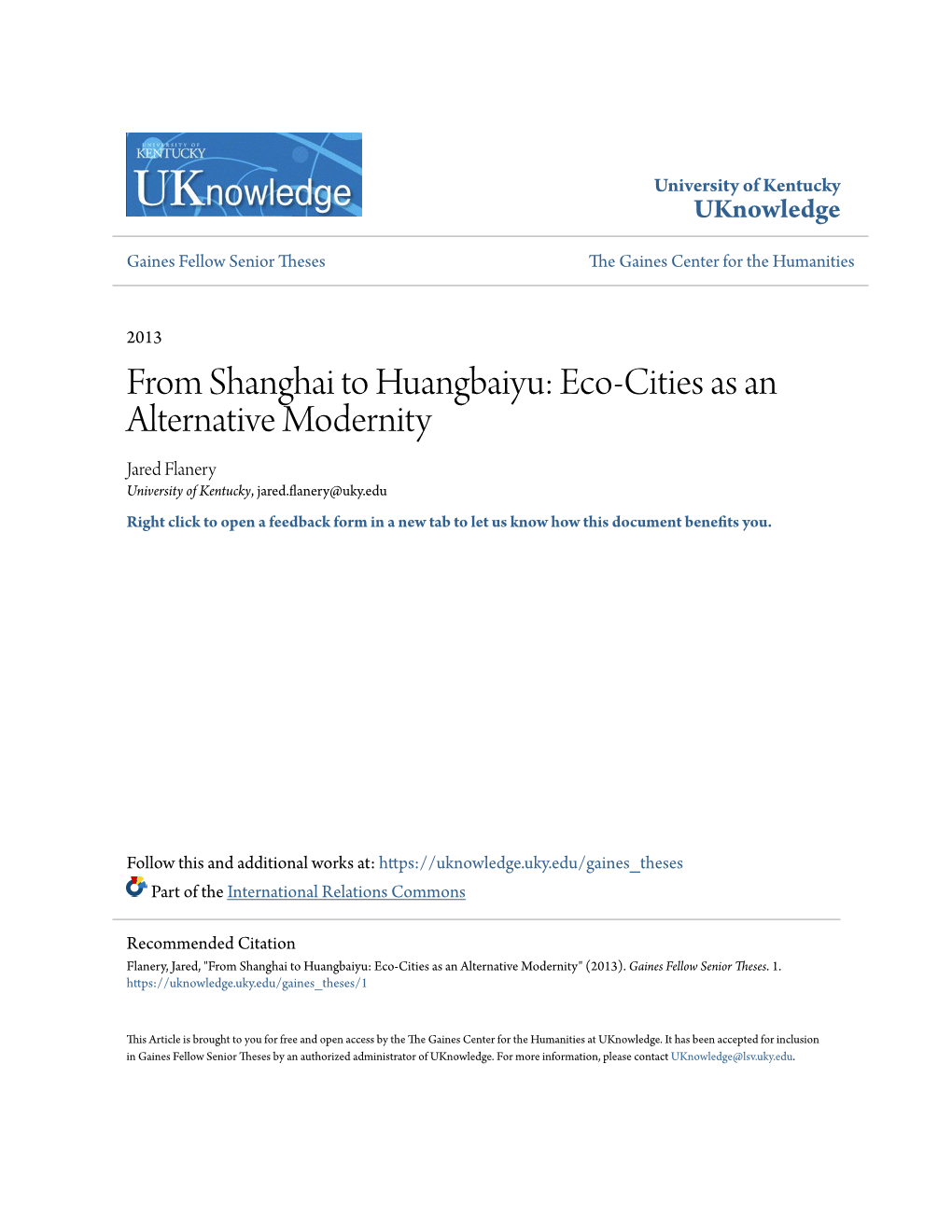 From Shanghai to Huangbaiyu: Eco-Cities As an Alternative Modernity