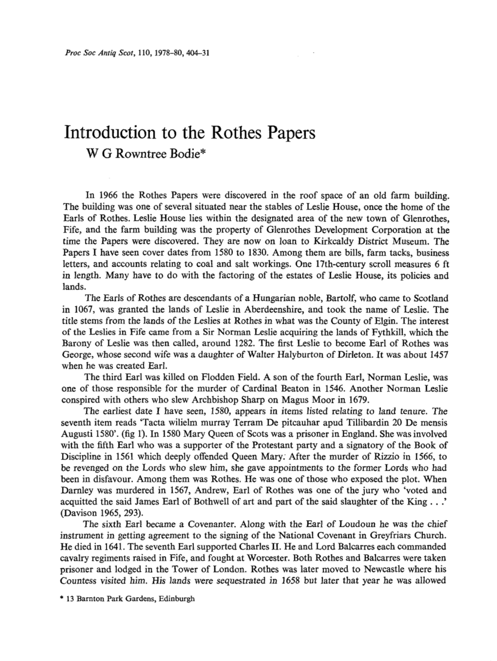 Introduction to the Rothes Papers Wrowntreg E Bodie*