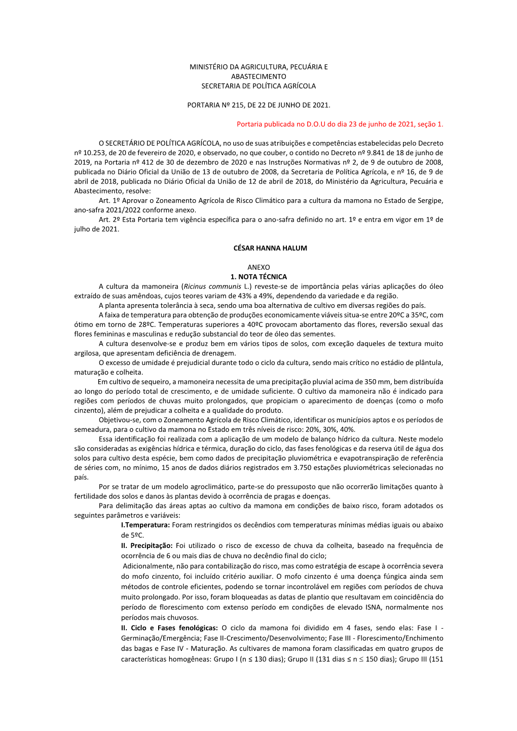 Mamona Brasil Para O Estado De Sergipe, Ano Safra 2021/2022