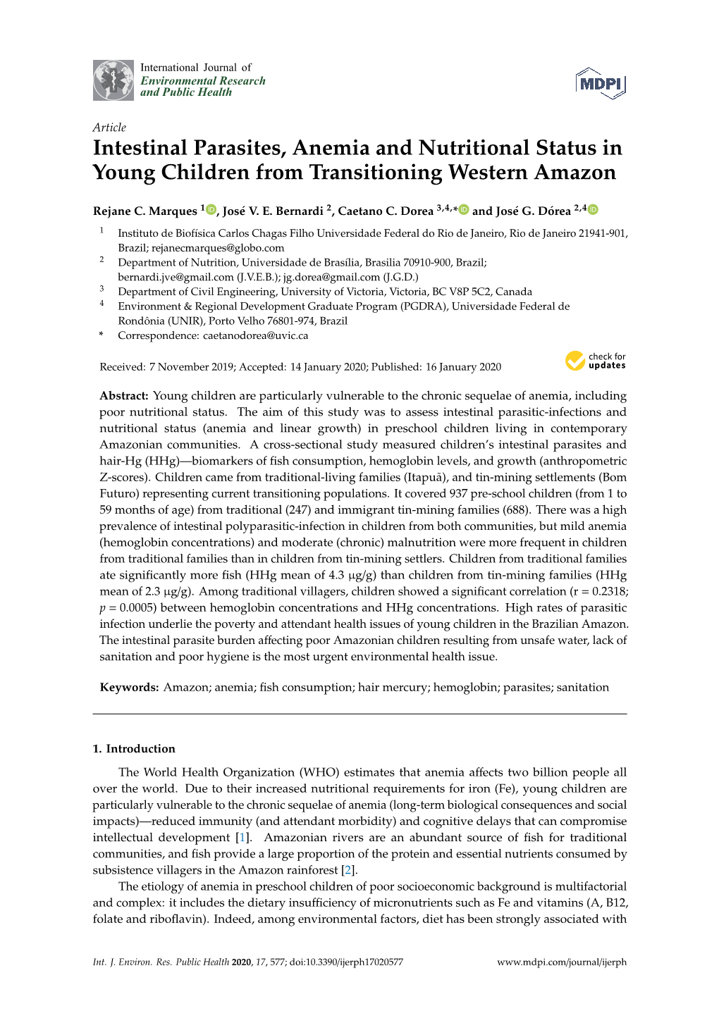 Intestinal Parasites, Anemia and Nutritional Status in Young Children from Transitioning Western Amazon