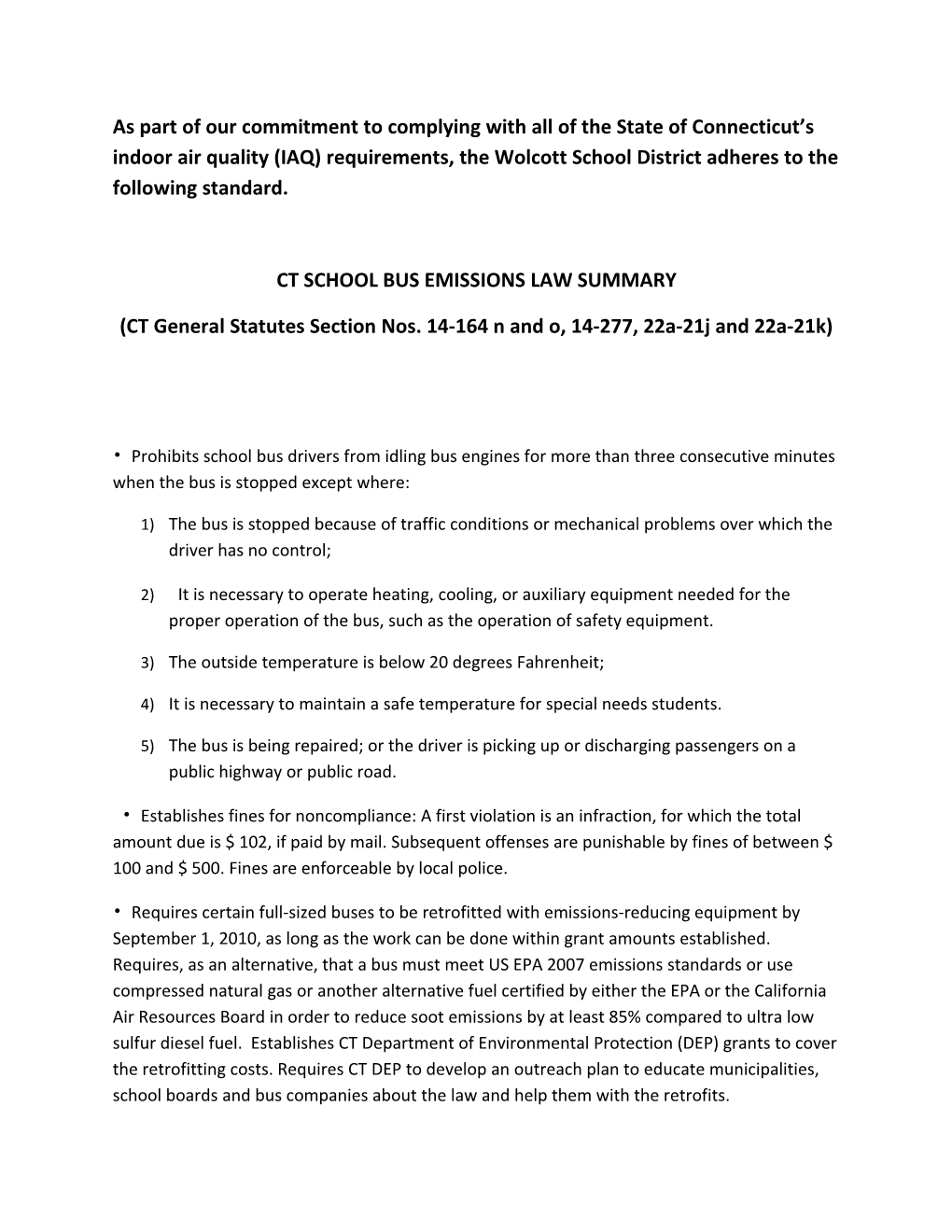 Ct School Bus Emissions Law Summary