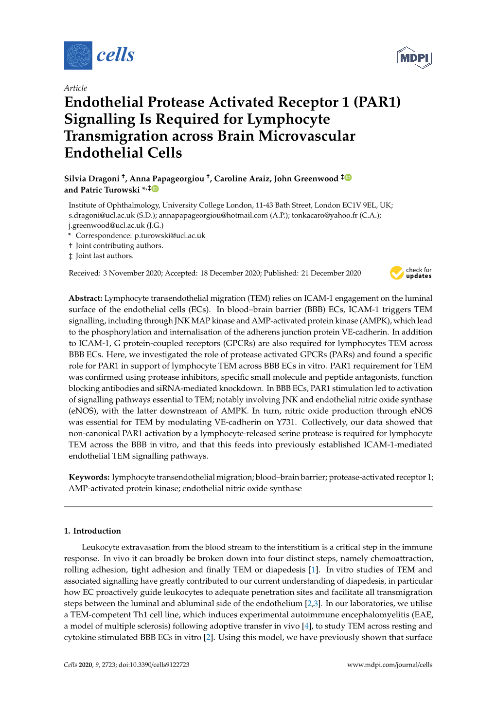 Endothelial Protease Activated Receptor 1 (PAR1) Signalling Is Required for Lymphocyte Transmigration Across Brain Microvascular Endothelial Cells