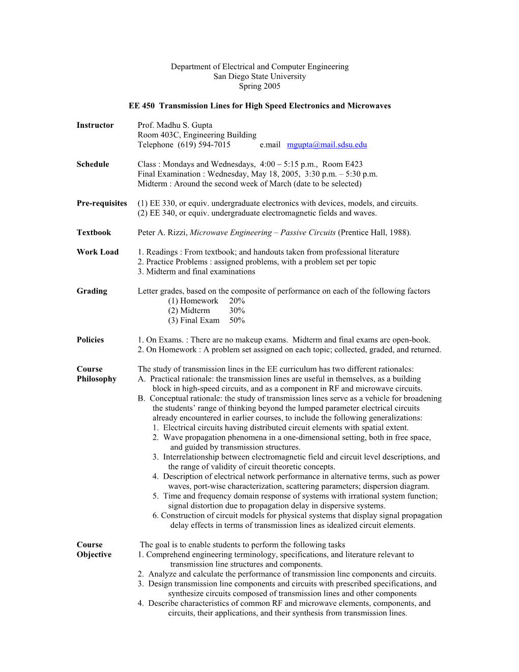 Department of Electrical and Computer Engineering San Diego State University Spring 2005