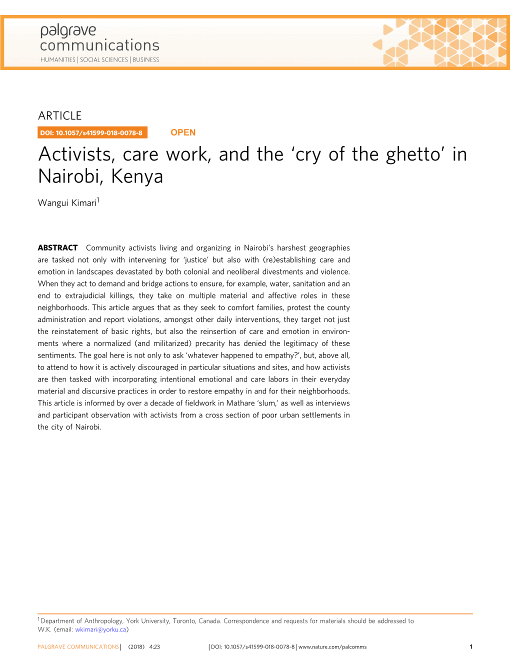 Activists, Care Work, and the 'Cry of the Ghetto' in Nairobi, Kenya