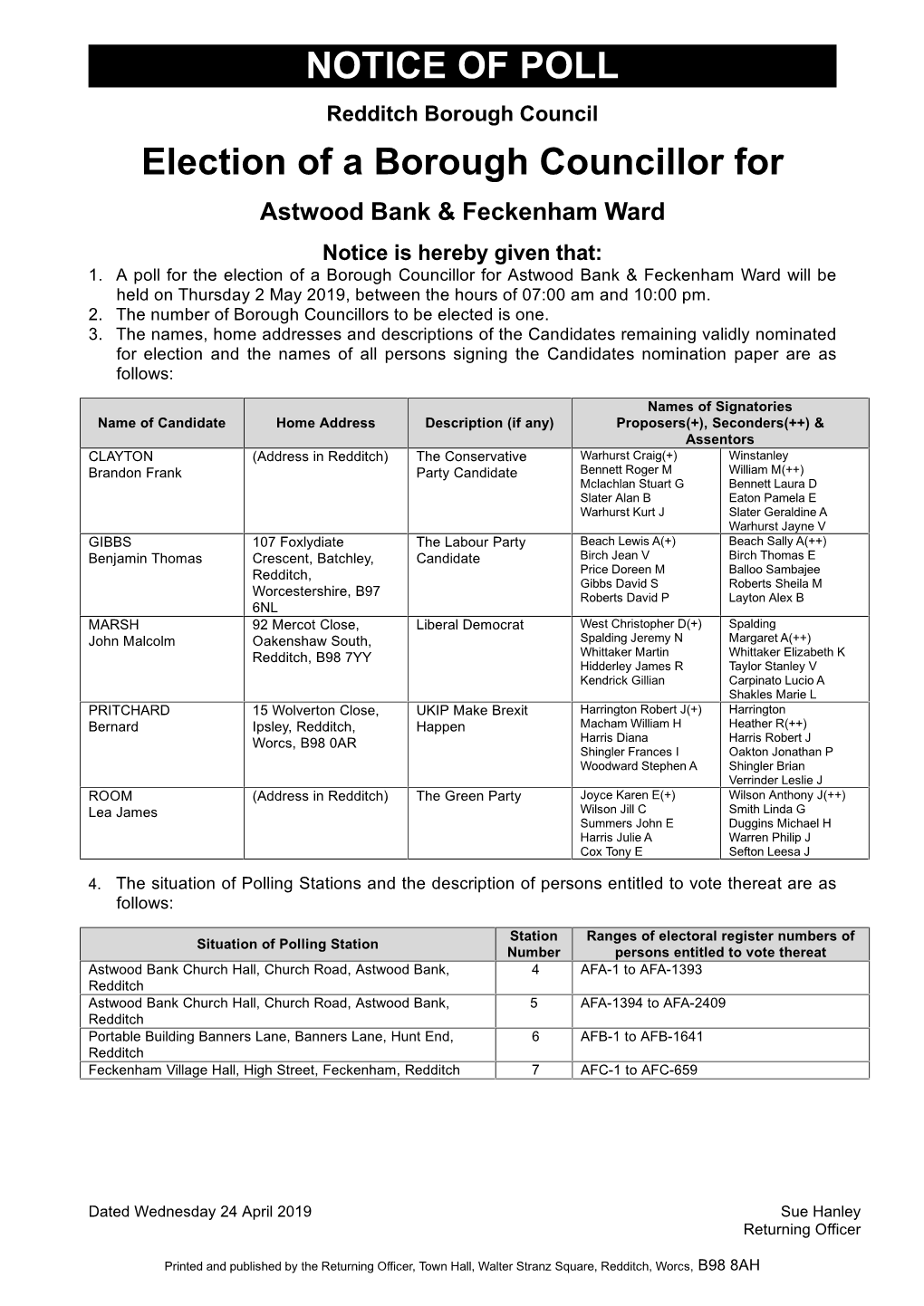 NOTICE of POLL Election of a Borough Councillor