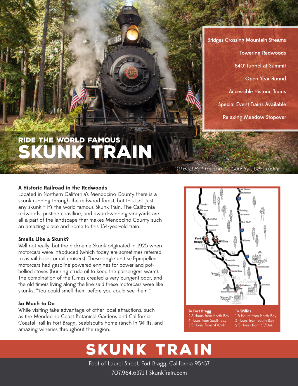 Skunk Train “10 Best Rail Tours in the Country”, USA Today