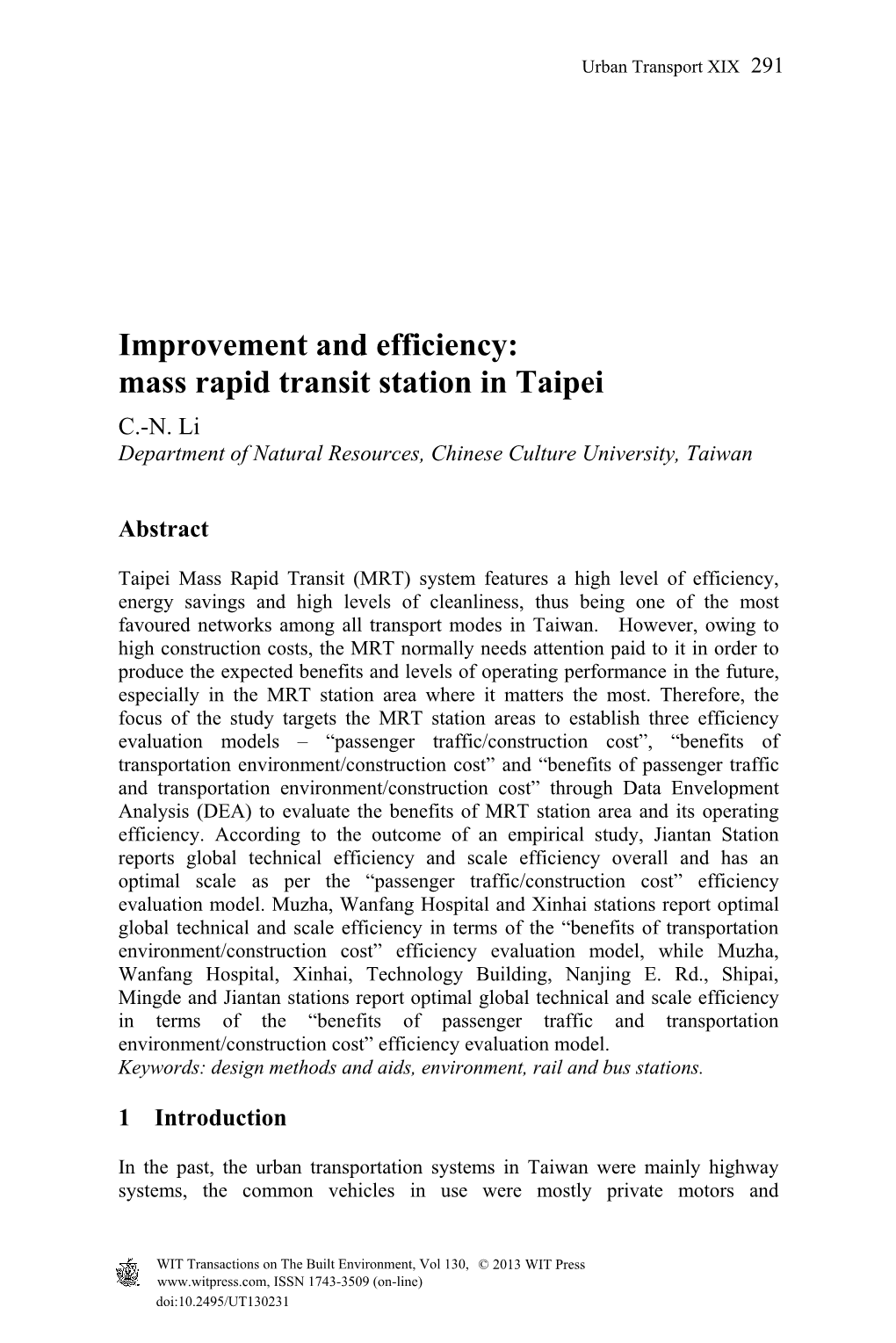 Improvement and Efficiency: Mass Rapid Transit Station in Taipei C.-N