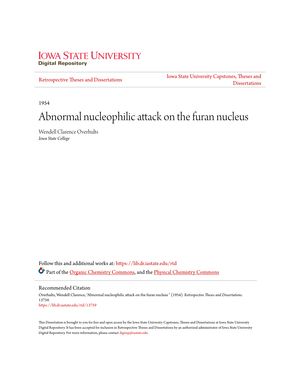 Abnormal Nucleophilic Attack on the Furan Nucleus Wendell Clarence Overhults Iowa State College