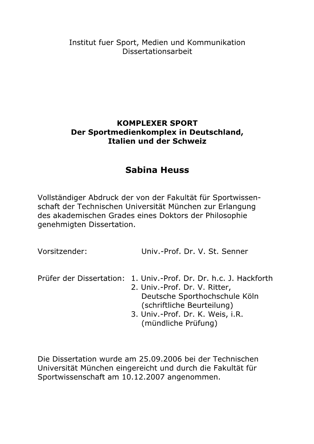 Institut Fuer Sport, Medien Und Kommunikation Dissertationsarbeit