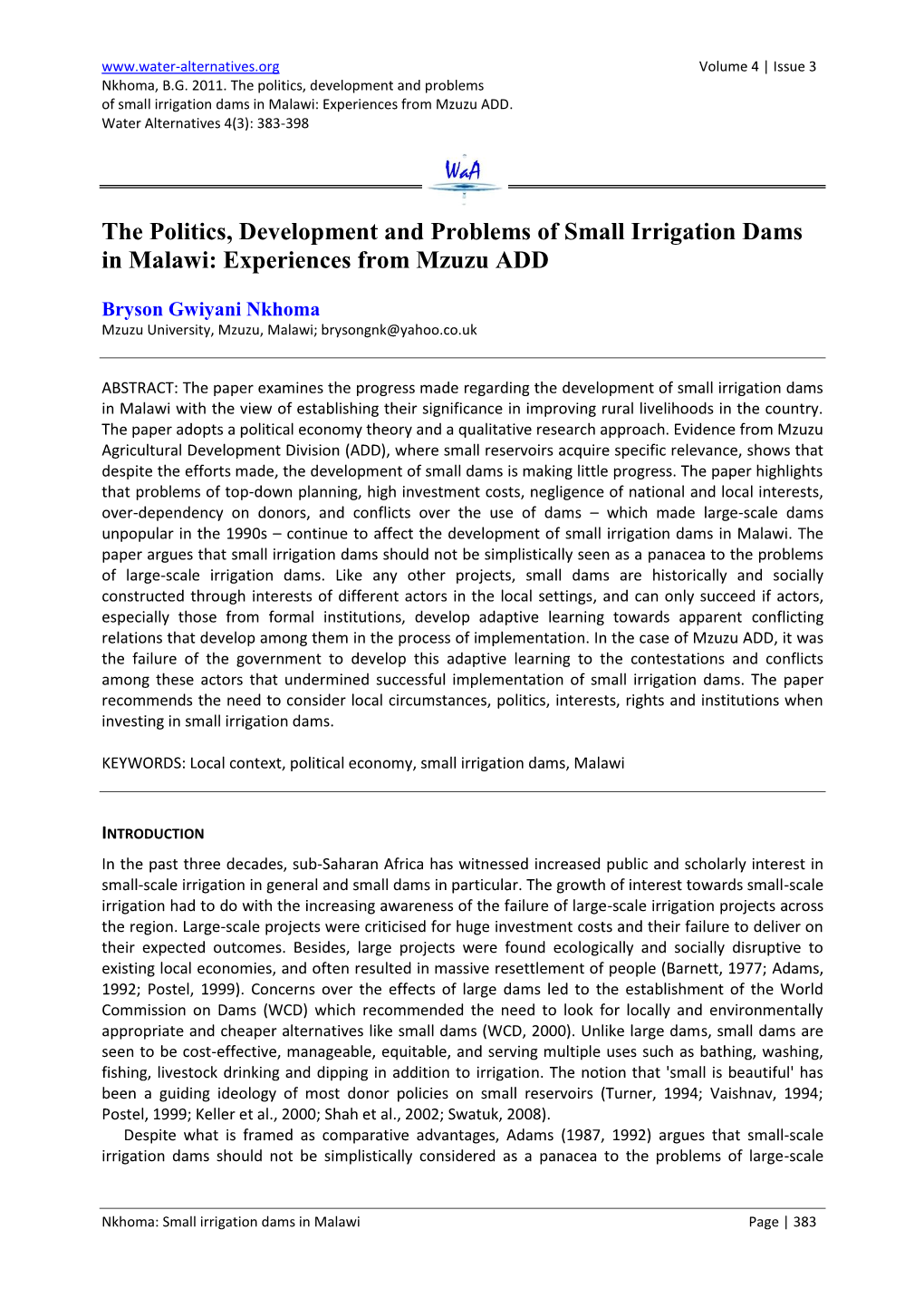 The Politics, Development and Problems of Small Irrigation Dams in Malawi: Experiences from Mzuzu ADD
