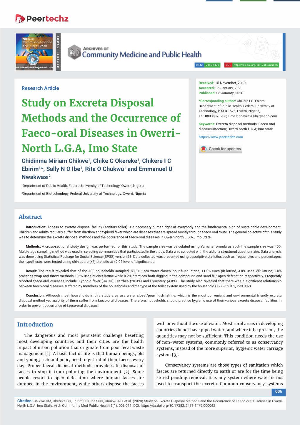 Study on Excreta Disposal Methods and the Occurrence of Faeco-Oral Diseases in Owerri- North L.G.A, Imo State