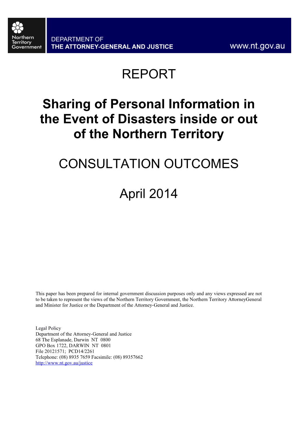 Report – Sharing Of Personal Information In The Event Of Disasters Inside Or Out Of The Northern Territory