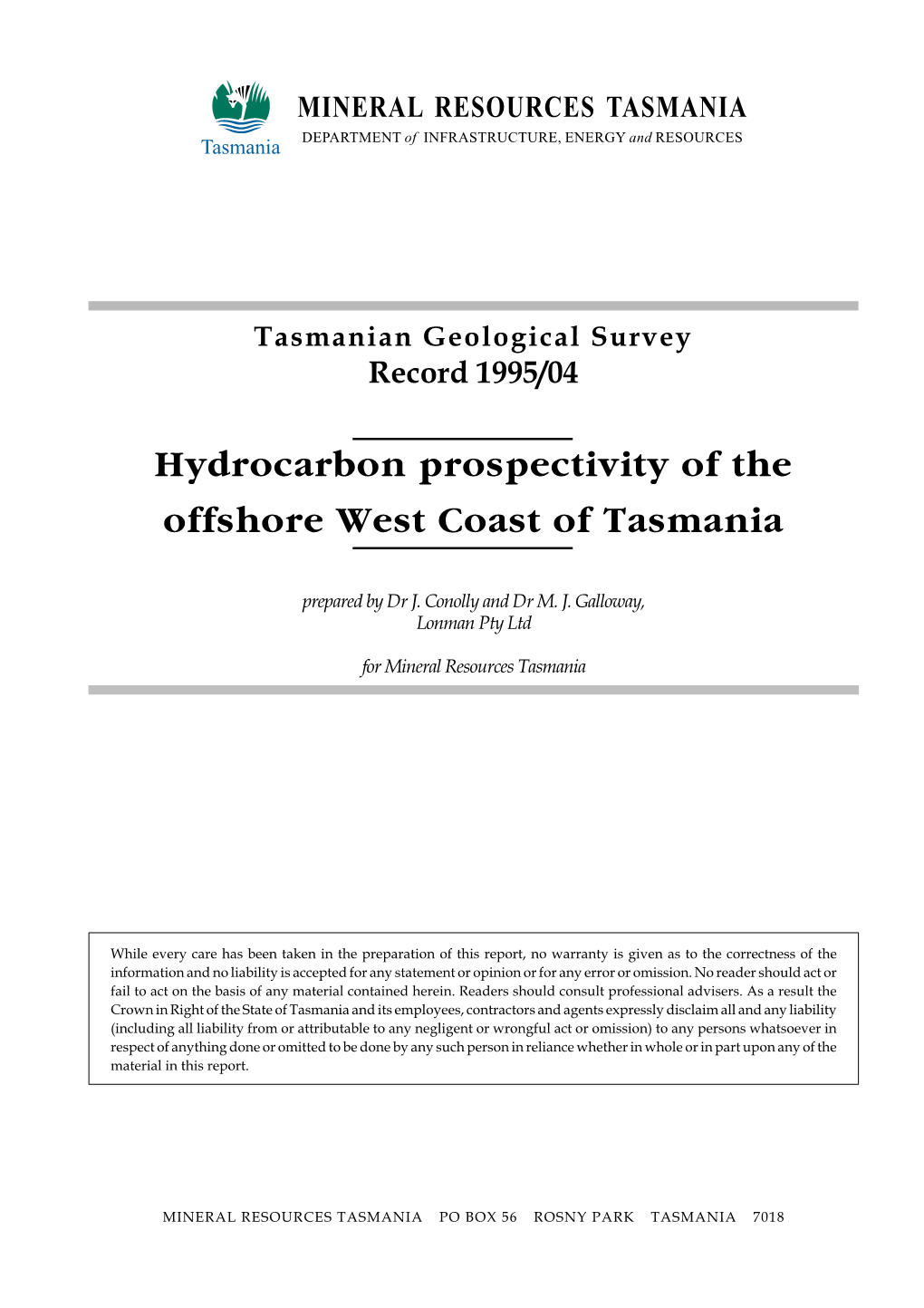 Hydrocarbon Prospectivity of the Offshore West Coast of Tasmania