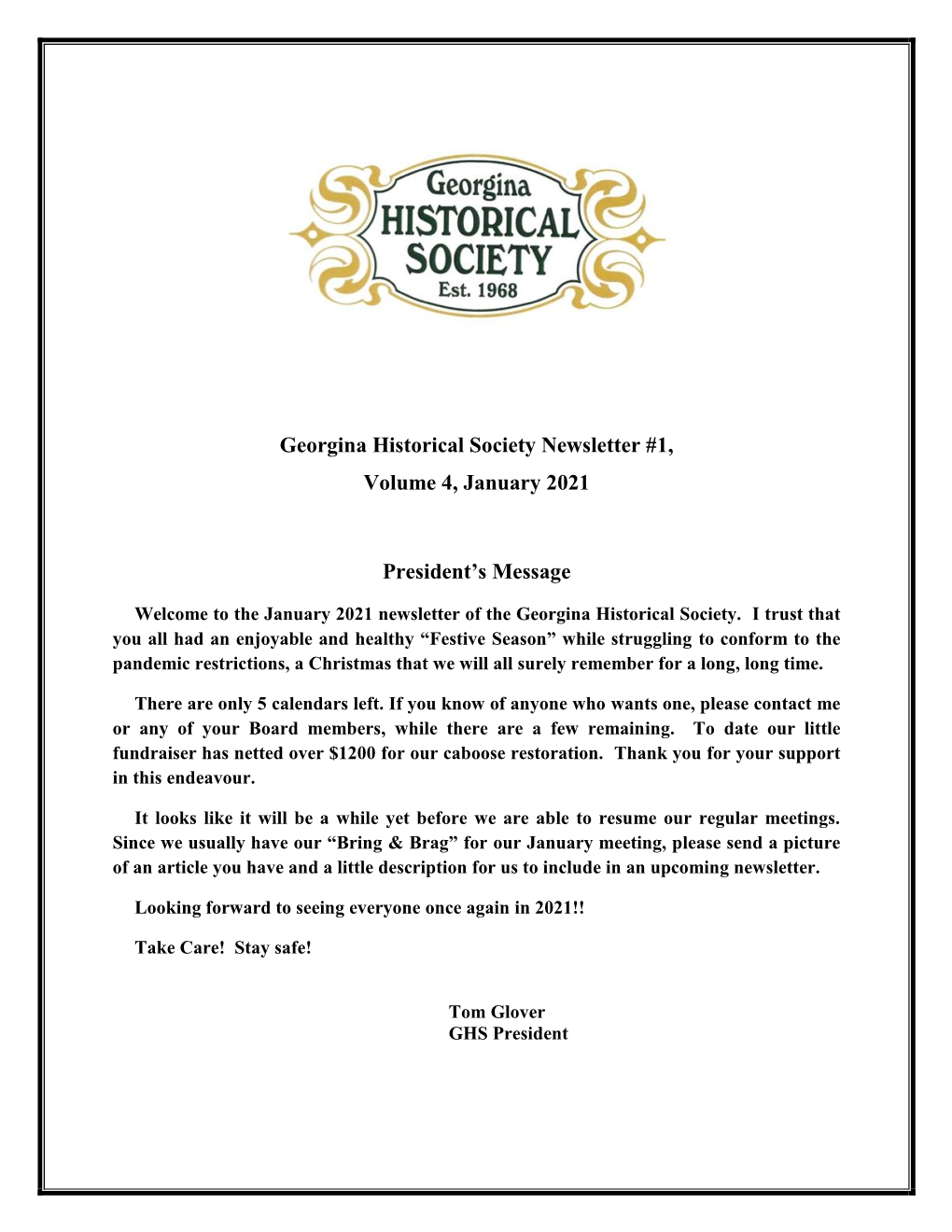 Georgina Historical Society Newsletter #1, Volume 4, January 2021