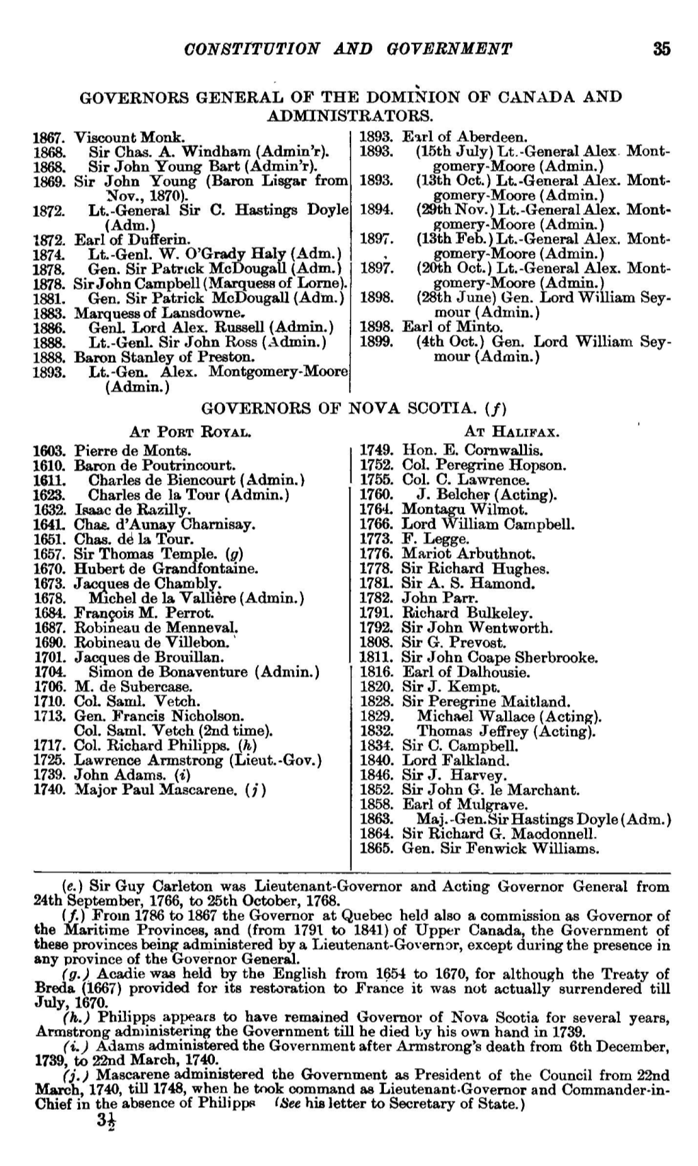 Constttvtion and Government Governors General of the Dominion of Canada and Administrators. 1867. 1868. 1868. 1869. 1872. 1872