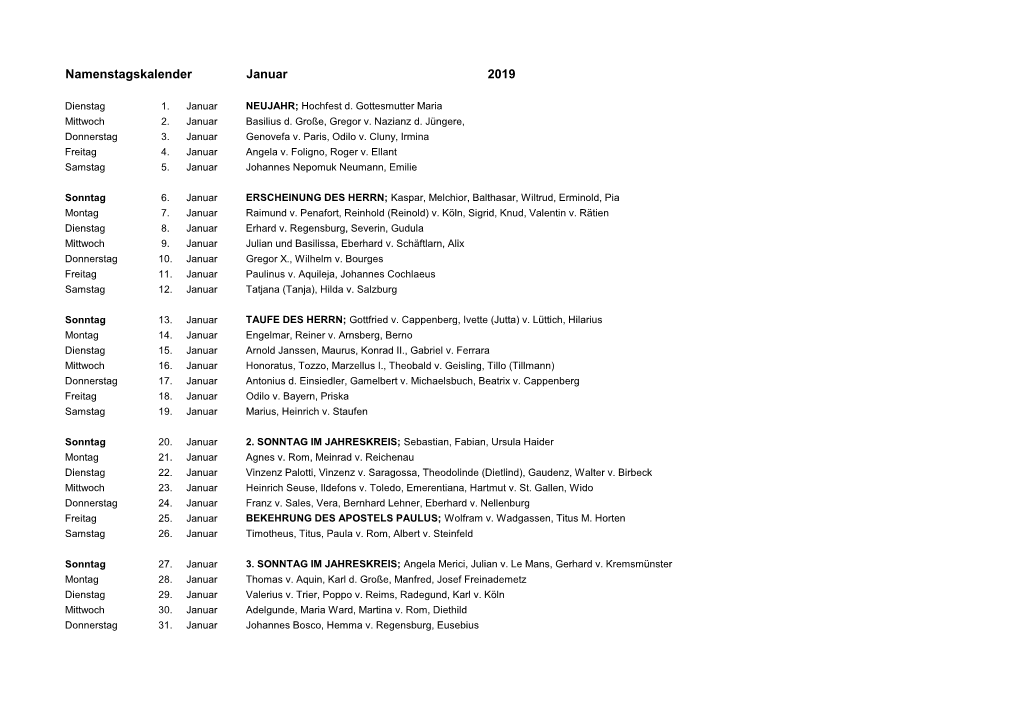 Namenstagskalender Für Das Jahr 2019