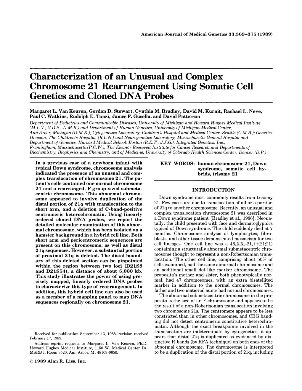 Characterization of an Unusual and Complex Chromosome 2 1 Rearrangement Using Somatic Cell Genetics and Cloned DNA Probes