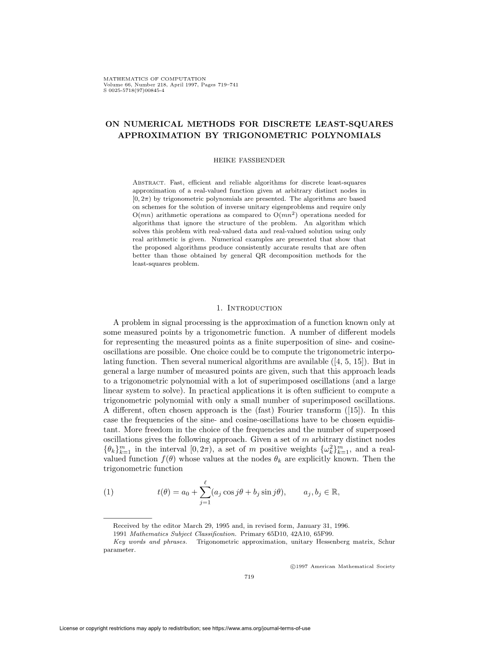 ON NUMERICAL METHODS for DISCRETE LEAST-SQUARES APPROXIMATION by TRIGONOMETRIC POLYNOMIALS 1. Introduction a Problem in Signal P