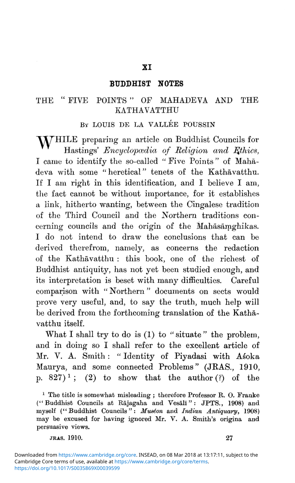 XI. Buddhist Notes. the “Five Points” of Mahadeva and the Kathavatthu