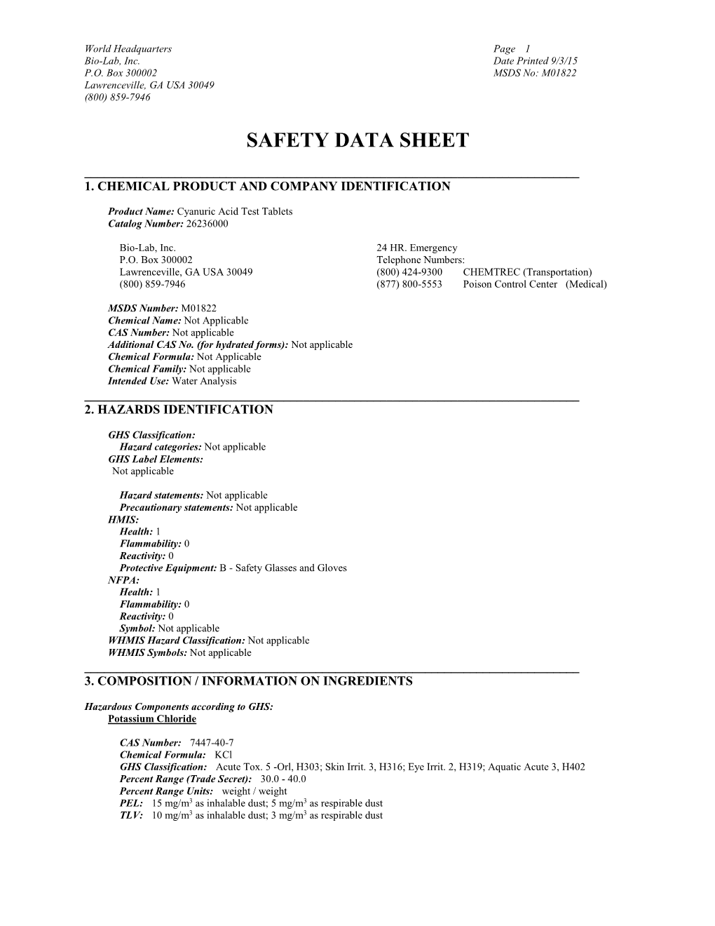 MSDS 26236000 Date Prepared: 9/3/15