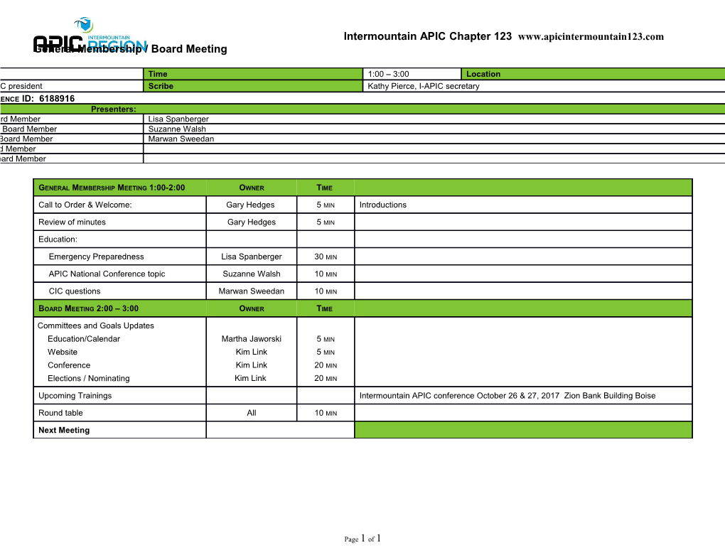 Intermountain APIC Chapter 123 General Membership / Board Meeting