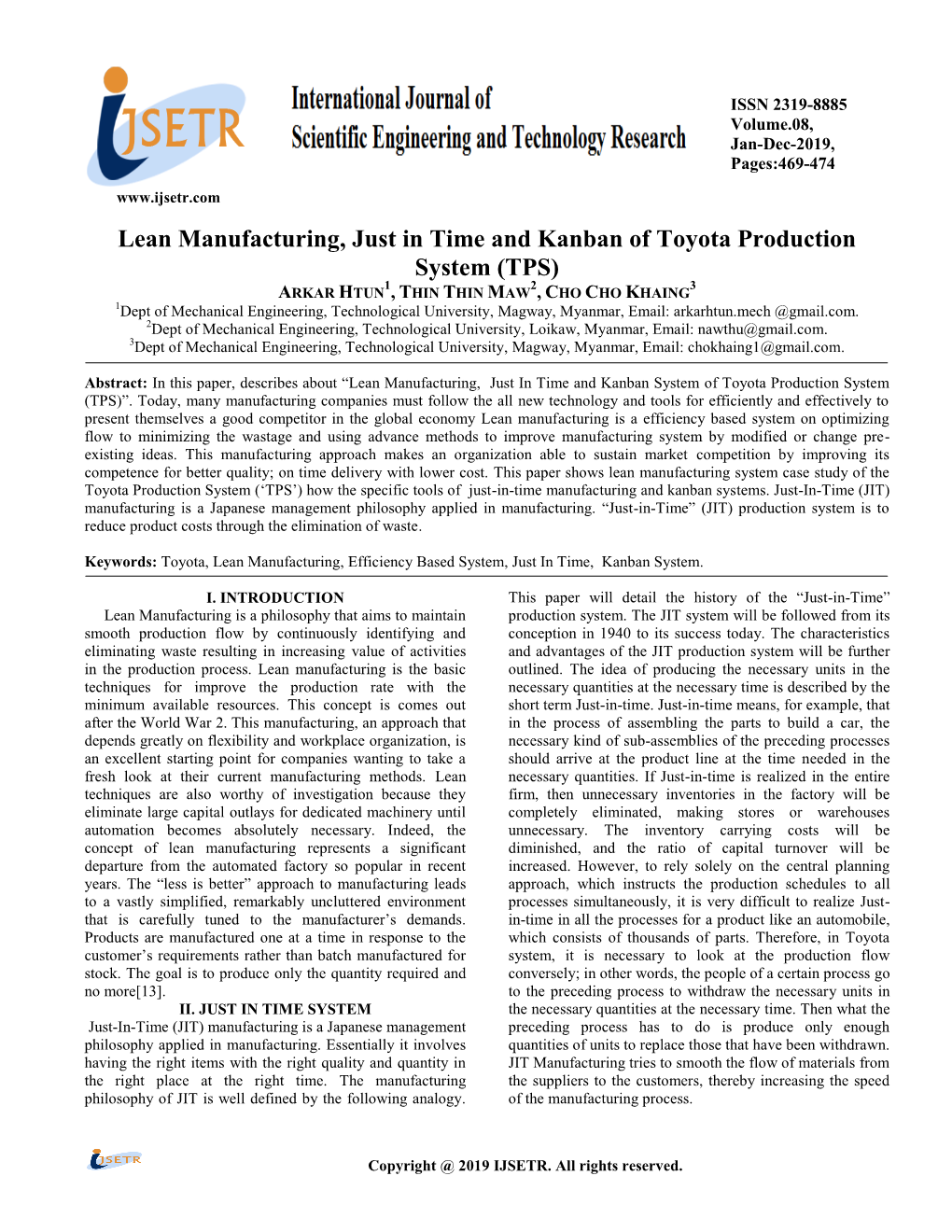 Lean Manufacturing, Just in Time and Kanban of Toyota Production System