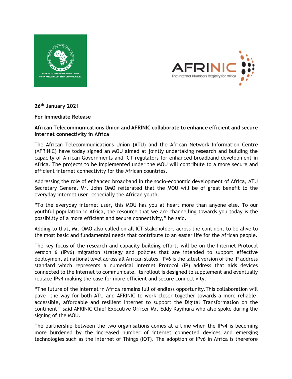 Press Release, African Telecommunication Union and AFRINIC Collaborate to Enhance Efficient and Secure Internet Connectivity In
