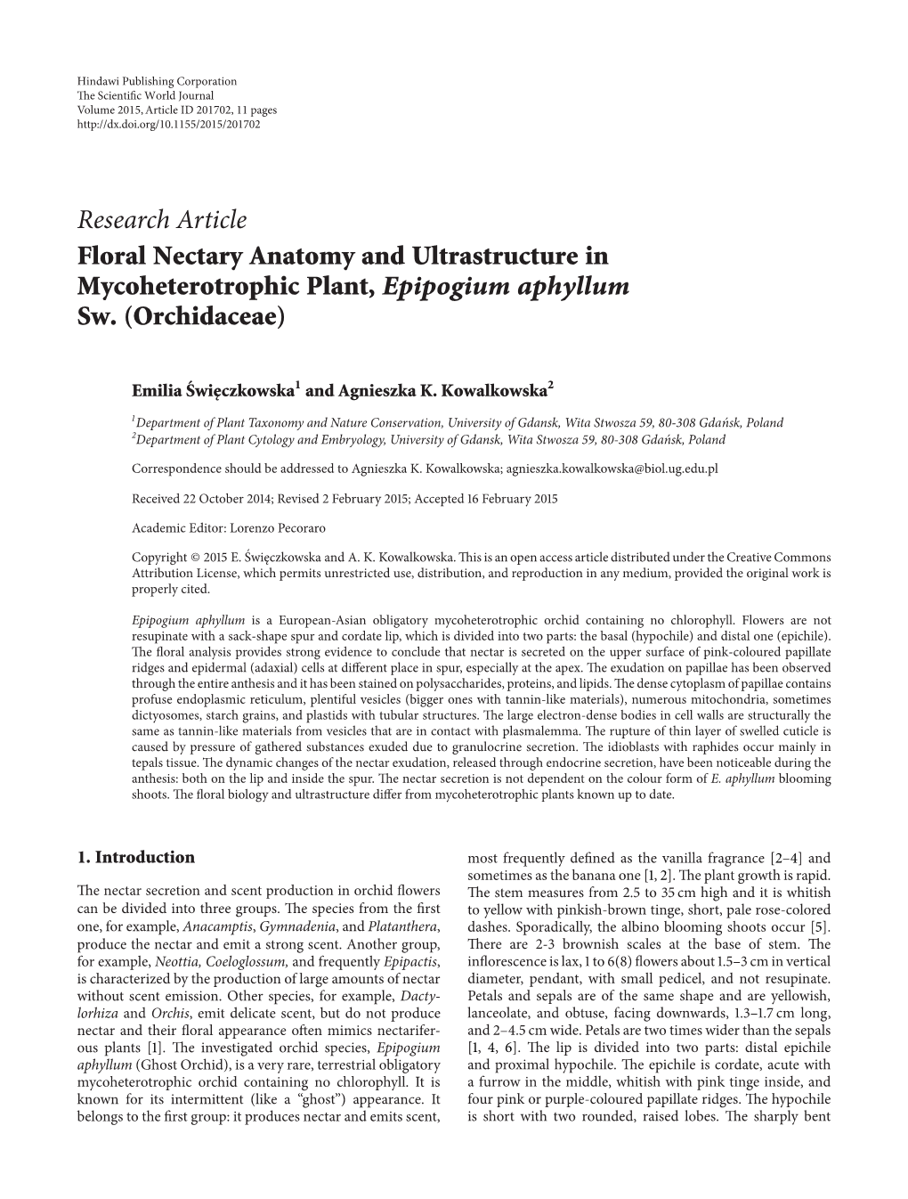 Floral Nectary Anatomy and Ultrastructure in Mycoheterotrophic Plant, Epipogium Aphyllum Sw