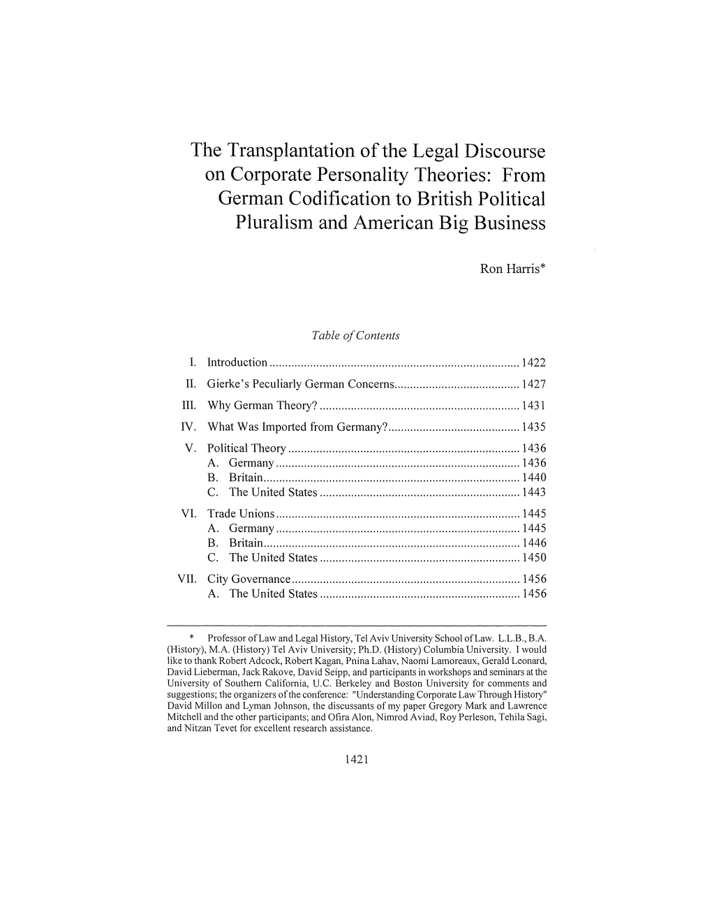 The Transplantation Ofthe Legal Discourse on Corporate Personality Theories: from German Codification to British Political Pluralism and American Big Business
