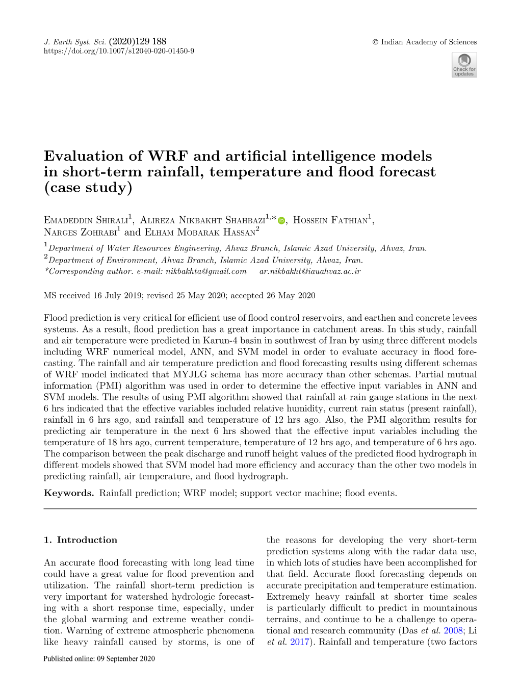 Evaluation of WRF and Artificial Intelligence Models in Short-Term