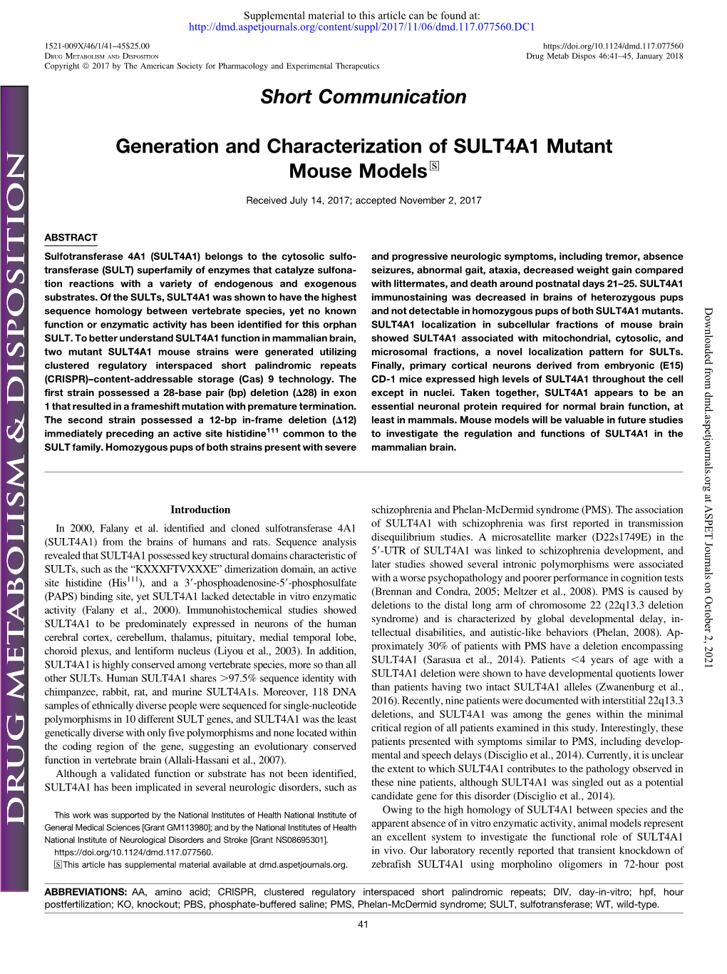 Generation and Characterization of SULT4A1 Mutant Mouse Models S