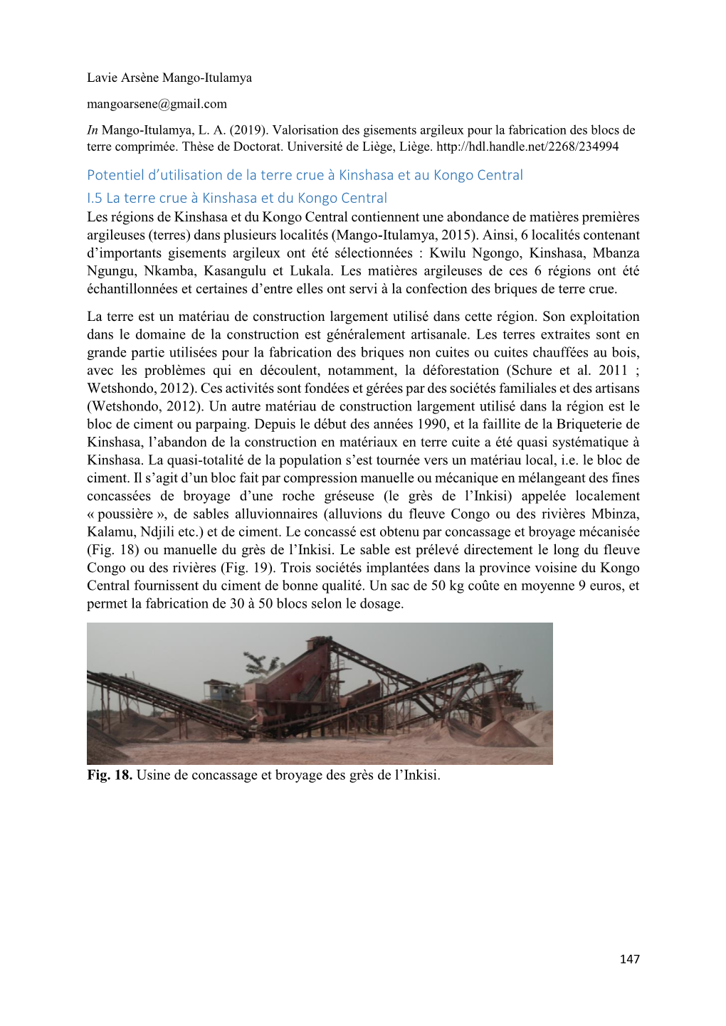 Potentiel D'utilisation De La Terre Crue À Kinshasa Et Au Kongo Central I.5