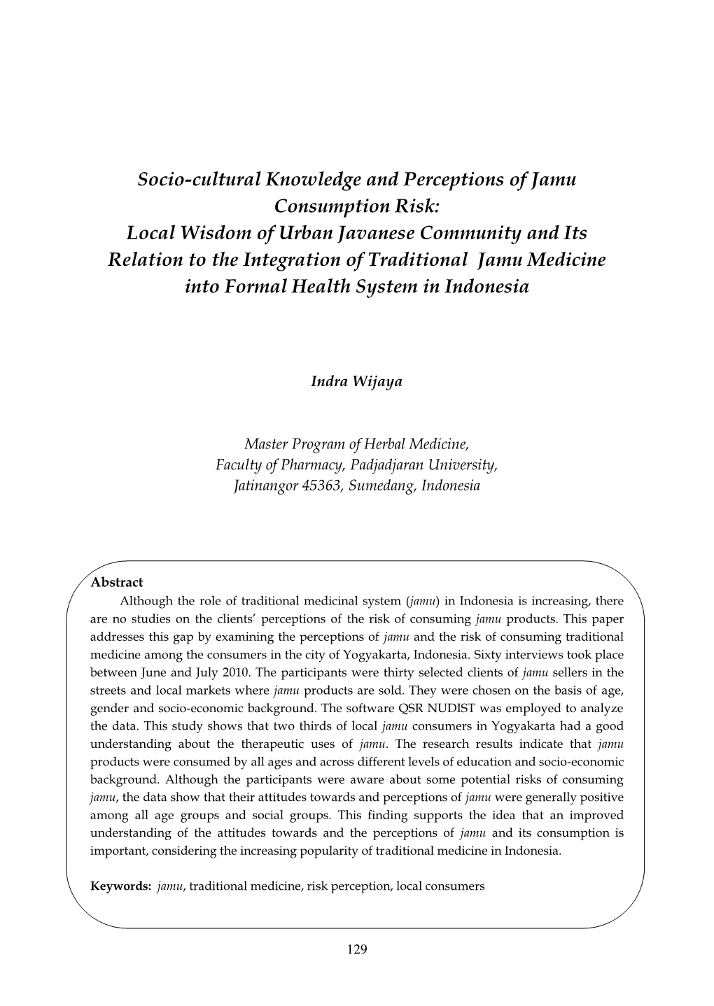 Socio-Cultural Knowledge and Perceptions of Jamu