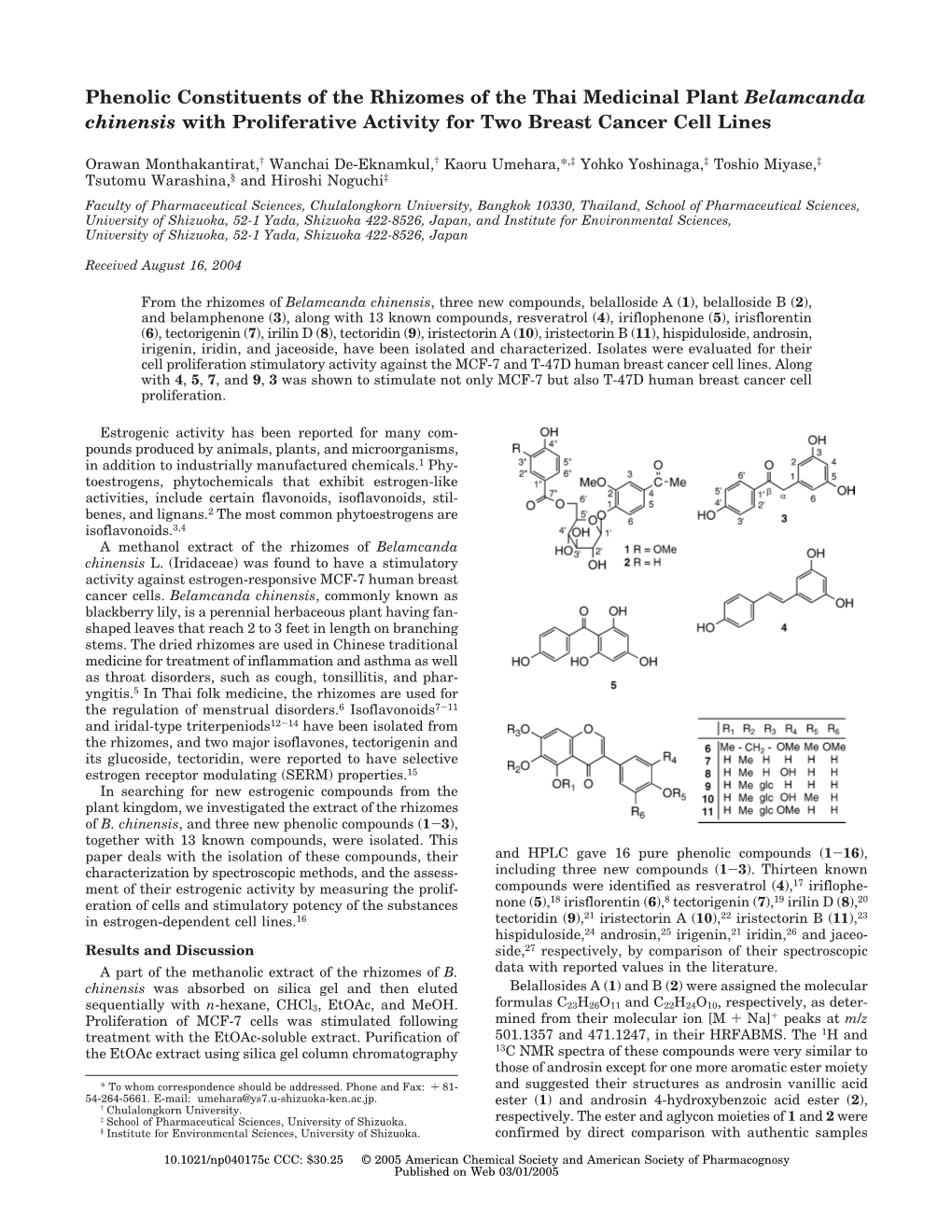 Phenolic Constituents of the Rhizomes of the Thai Medicinal Plant Belamcanda Chinensis with Proliferative Activity for Two Breast Cancer Cell Lines