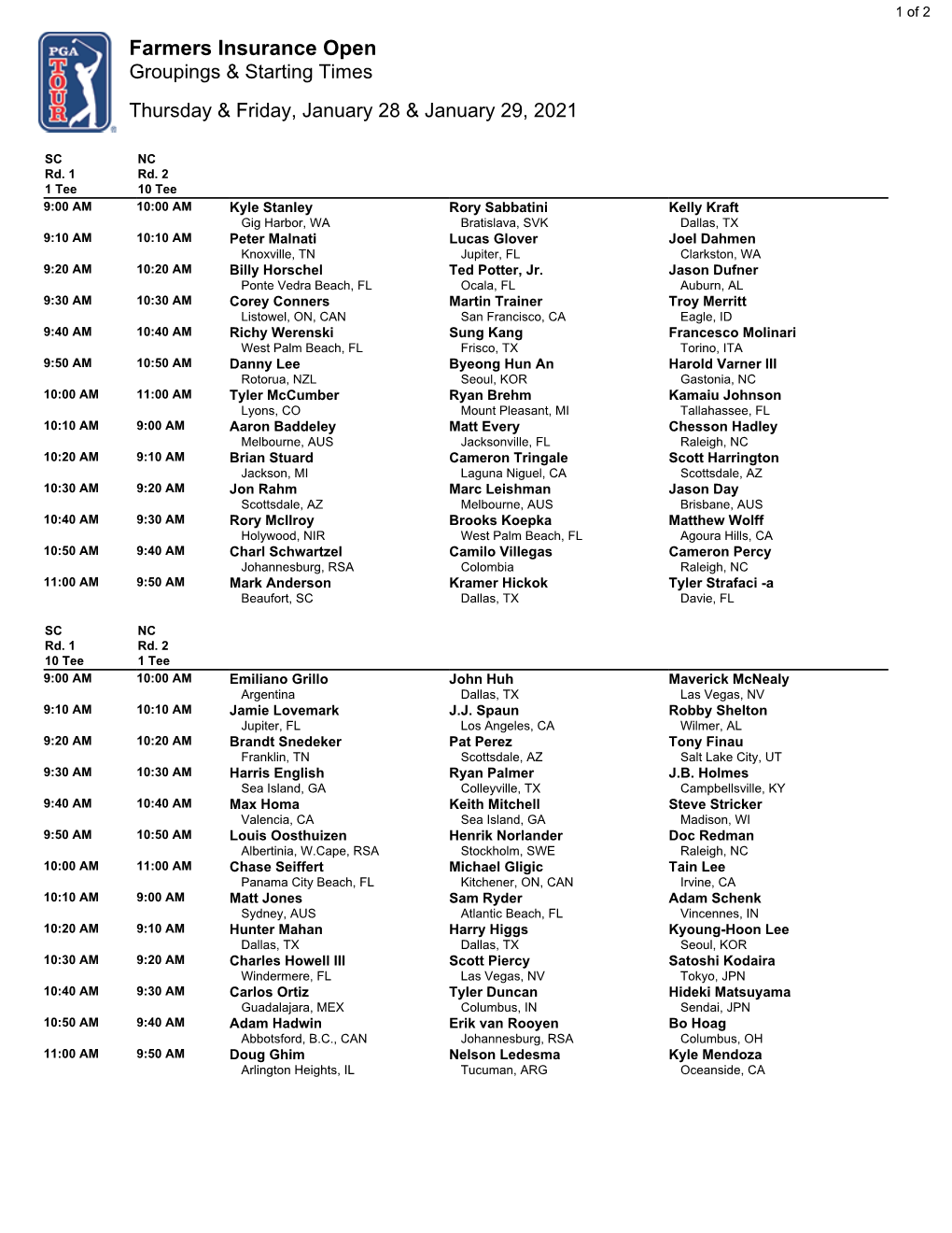 Farmers Insurance Open Groupings & Starting Times Thursday & Friday, January 28 & January 29, 2021