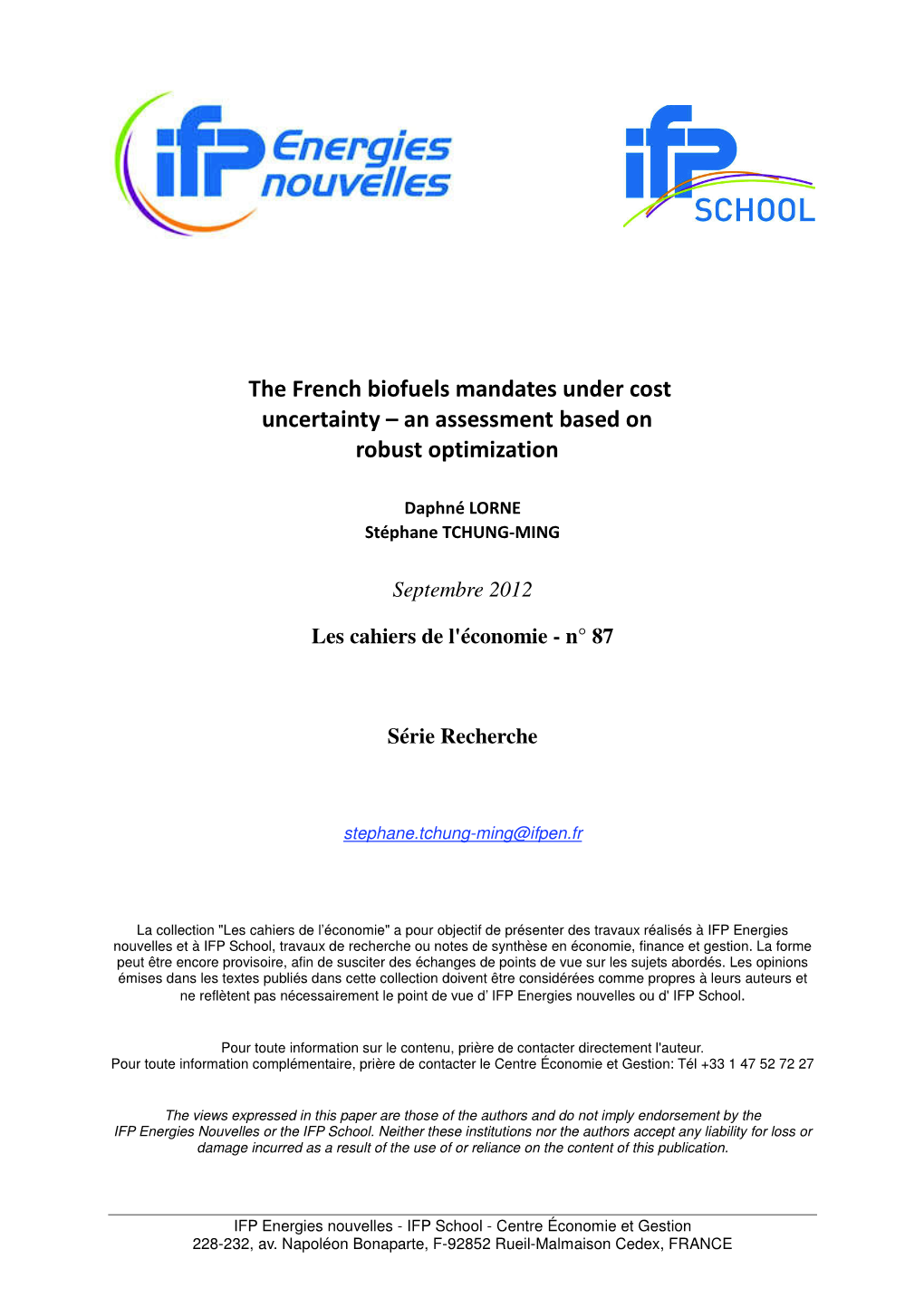 The French Biofuels Mandates Under Cost Uncertainty – an Assessment ڏ Based on Robust Optimization
