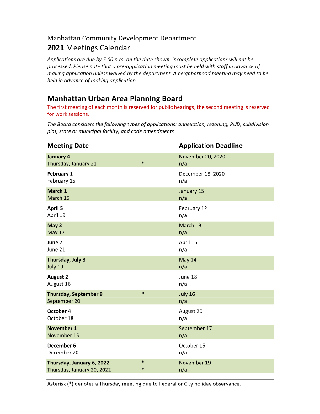 2021 Meetings Calendar Manhattan Urban Area Planning Board